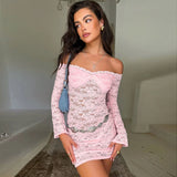 Amfeov hoco dresses 2024 Spring Summer Women Dress Solid Color Strapless Long Sleeves Sexy Mini Dresses Lace See Through Elegant Streetwea