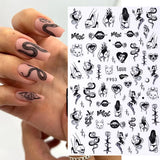 Amfeov 3D Snake Design Nail Stickers Black Evil Eye Tiny Skull Ghost Flower Design Sliders For Halloween Manicure Nail Art Decoration