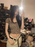 Back To School Amfeov Y2k Leopard Print Crop Top for Girls Coquette Tights Square Collar T-shirts Women Summer Fashion Aesthetics Harajuku Tee