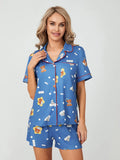 Amfeov Women Cute Print Blue Pajama Sets Summer Loose 2 Piece Short Sleeve Lapel Butoon Up T-shirts + Shorts Suits Loungewear Sleepwear