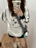 Black Friday Amfeov Anime Cat Print Hoodies Women Kawaii Kitty Long Sleeve Sweatshirt Oversized Streetwear Stripe Grey Autumn Winter Clothes