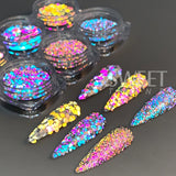 Amfeov Reflective Prism Glitter Nail Powder Flakes Sparkly Green Red Nail Art Dust Shinning Chrome Diamond Pigment Manicures Decoration