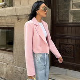 Black Friday Amfeov Pink Casual Short Blazers For Women Loose 2024 Autumn Winter New Top Long Sleeve Solid Notched Lady Fashion Blazers Coat