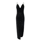 Amfeov Sexy Sequins Strapless Party Dress Women Deep V Neck Irregular-Hem High Split Evening Long Dress Sleeveless Bodycon Dresses