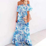 Women's Elegant Off Shoulder Long Dress Summer Bohemian Ruffled Tunic Maxi Dress Female Casual Backless Print Dress Vestidos