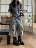 Back To School Amfeov Ripped Oversize Denim Shorts Jeans Hollow Out Calf-Length Pants Women Hip Hop Summer Fashion Streetwear Vintage Bottoms