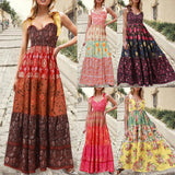 Bohemian Beach Straps Long Dress Women Summer Sleeveless Backless Maxi Dress Ladies Casaul Printed Pleated Spaghetti Strap Dress