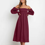 Women’s Sexy Off The Shoulder Long Dress Summer One Neck Puff Long Sleeves Maxi Dress Slim Waist Pleated A-Line Female Dresses