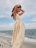 Amfeov-Sexy Backless Beach Dress For Women V Neck Splice Folds Long Dresses Womens Party Elegant Bandage Maxi Sundress Female