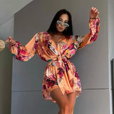 Black Friday Amfeov V-Neck Flower Printing Jumpsuit Dress For Women Elegant Draped Lace Up Long Sleeves Elastic Waist Fashion Dress Playsuits