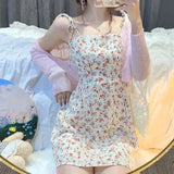 Amfeov-Summer Hipster Floral Print Strap Slim Fit Women Dress Fairy Sweet Fashion Sleeveless Mini Dress A Line Preppy Suspender Dresses