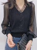 Amfeov-Women Spring Autumn Style Blouses Tops Lady Casual Long Sleeve V-Neck Lace Tops