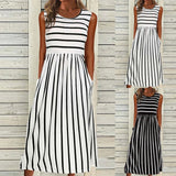 Women’s Fashion Striped Print Long Dress Summer O-Neck Sleeveless Pockets Maxi Dress Female Daily Commuter Casual Tank Dresses