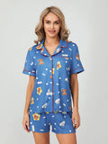 Amfeov Women Cute Print Blue Pajama Sets Summer Loose 2 Piece Short Sleeve Lapel Butoon Up T-shirts + Shorts Suits Loungewear Sleepwear