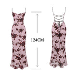 Amfeov Summer Dress Women 2024 Elegant Fashion Beach Vacation Rave Outfits Sexy Backless Lace Up Floral Print Mesh  Dress