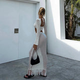 Back To School Amfeov Women Summer 2PCS Outfit Bikini Cover-ups Sets Long Sleeve Tie Up Crop Tops+White Long Knit Hollow Tassels Skirt Suit