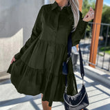 Casual Women‘s Solid Shirt Midi Dress Spring Summer Turndown Collar Long Sleeve Knee-Length Dress Female Ruffles Button Dresses