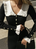 Amfeov-High Waist Ruffled Maxi Dresses For Women Autumn Winter Knitted Slim Long Dress Women's Vintage Dress Woman Retro Elegant