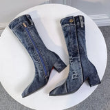 Amfeov Sexy Jean Boots Women's Mid Calf Boot Zipper High Heel Woman Stylish Jeans Boots Ladies Denim Boot Female Shoes Cowboy 2024