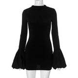 Black Friday Amfeov Fashion Pull Sleeve Black Mini Dress Female High Waist Elegant Long Sleeve Dresses Club Party Bodycon Women's Clothing