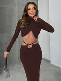 Black Friday Amfeov Fall New Skirts Suit Solid Color Long Sleeve Crop Top Twist Ruched Slim Lace Up Sexy Navel Exposed Skirt Matching Sets