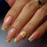 Amfeov Nail Inspo 2024 Summer 24pcs Coffin Fake Nails French Fresh Yellow Flower Simple White Edge Press On Nails 2024 New Summer Wearable DIY Nail Tips