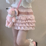 Amfeov-Lolita Cake Mini Skirts Women Japanese A-line High Waist Pleated Skirt Girly Kawaii Love Y2k Layered Skirts Fairy Outfit