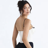 Amfeov Thick Satin Bustier Corset Crop Top with Chest Pads Spaghetti Strap White Bodycon Top Summer Women Tops with Fishbone