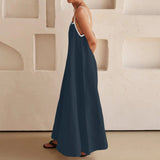 Amfeov Casual Color Contrast Long Dress Women Summer Sleeveless Lacing Hemp Maxi Dress Loose Backless Female Dresses 2024 Vocation