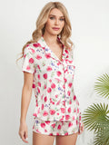 Amfeov Women Summer Pajama Set Cute Strawberry Print Short Sleeves Buttons Tops + Elastic Shorts 2 Piece for Loungewear Soft Sleepwear