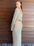 Back To School Amfeov Womens Summer 2Pieces Crochet Hollow out Swimsuit Cover Ups Off Shoulder Knit Crop Pullovers+Long Skirt Set Beachwear