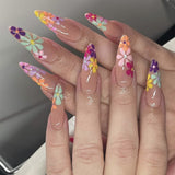 Amfeov Nail Inspo 2024 Summer 24pcs Almond False Nails French Fresh Flower Frosting Press On Nails 2024 Summer New DIY Wearing Full Set Manicure Tools