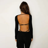 Women's Bandage Square Neck Jumpsuit Backless Solid Color Long Sleeve Jumpsuit New Style YL23555PF