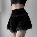 Amfeov-Goth Dark Mall Gothic Aesthetic Velvet Pleated Mini Skirts Women Vintage Emo Alt Clothes High Waist Lace Ruffles Skirt