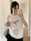 Back To School Amfeov White Doggy Print T-shirts with Lace Kawaii Animals Graphic Sleeveless Tank Tops Summer Fashion Cutecore Spotted Dog Tee