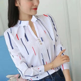 Amfeov-Women White Tops Blouses Fashion Stripe Print Casual Long Sleeve Office Lady OL Shirts Slim