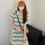 Amfeov hoco dresses-Korean Age Reduction Contrast Stripe Women Dress Summer Short Sleeve Loose Polo Collar Dresses Preppy A Lnie Knitted Mini Dress