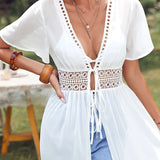 Amfeov Summer 2024 Sexy Hollow Out Beach Tunic Pareo White V Neck Cover Up Long Dress Bikini Cover Up Swimwear Bathing Suit Beachwear