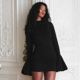 Black Friday Amfeov Fashion Pull Sleeve Black Mini Dress Female High Waist Elegant Long Sleeve Dresses Club Party Bodycon Women's Clothing