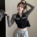 Amfeov-Y2K Vintage T-shirt Women Spring Long Sleeve O Neck Crop Top Korean Fashion Vintage High Street Zip Up Tees Streetwear