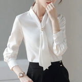 Amfeov-Women Spring Autumn Style Blouses Shirts Lady Casual Long Sleeve Bow Tie Collar Tops