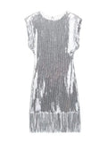 Amfeov-Fashion Silver Shining Sequin Mini Dress For Women Long Sleeve Chic Short Dresses Female Elegant Holiday Evening Party