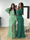 Back To School Amfeov Elegant Hollow Lace Spliced Chiffon Ruffle Long Dress Women Sexy Deep V-neck Lantern Sleeves Maxi Dresses 2024 Lady Party Robes