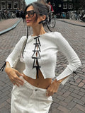 Black Friday Amfeov Bows Cutout Long Sleeved Cropped Top Female Fashion Thin Slim Knitted T-Shirt Pulover Sexy Hot Girl Party Club Top Autumn