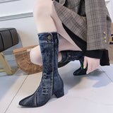 Amfeov Spring and Autumn Women's Denim Long Boots  Fashion Pants with Knee Length Thick Heel Flipped Long Boots Trendy Casual Shoes