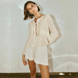 Black Friday Amfeov Lace Up Cotton Linen Women's Long Sleeve Shirt Cut Out Solid Casual Cardigan Top Ruched Short Shirt Female Fall 2024 New