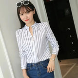 Amfeov-Women White Tops Blouses Fashion Stripe Print Casual Long Sleeve Office Lady OL Shirts Slim