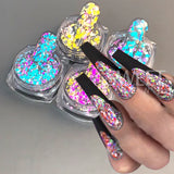 Amfeov Reflective Prism Glitter Nail Powder Flakes Sparkly Green Red Nail Art Dust Shinning Chrome Diamond Pigment Manicures Decoration