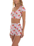 Amfeov Women Summer Short Sets Outfits Strawberry Flower Print U-Neck Short Sleeve Crop Tops Elastic Waist Shorts 2 Pieces Clothes Set