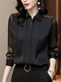 Amfeov-Women Spring Autumn Style Chiffon Blouses Shirts Lady Embroidery Long Sleeve Turn-down Collar Lace Decor Tops